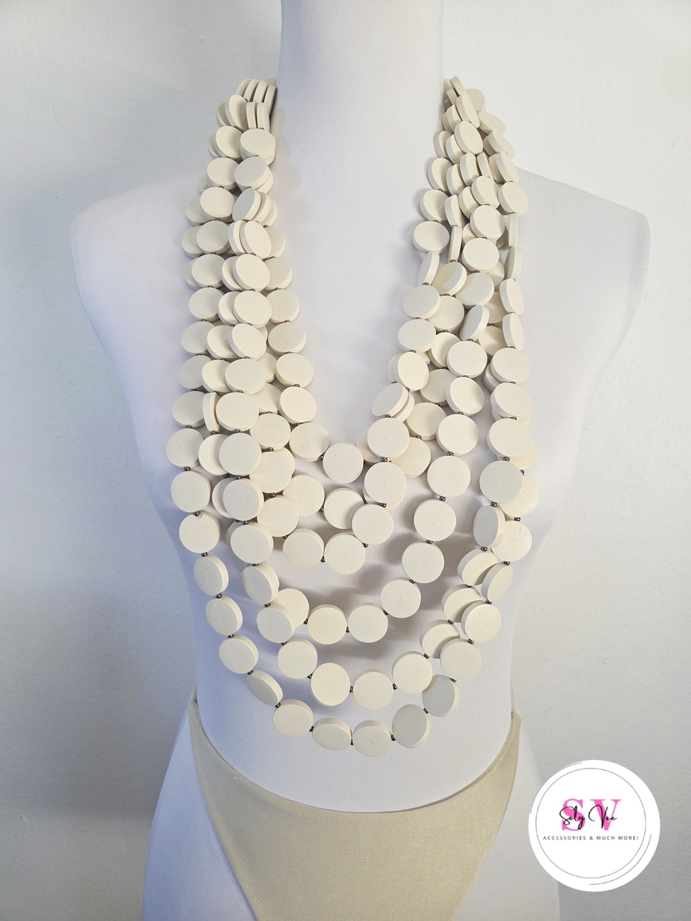 Cream beaded wooden layered necklace
